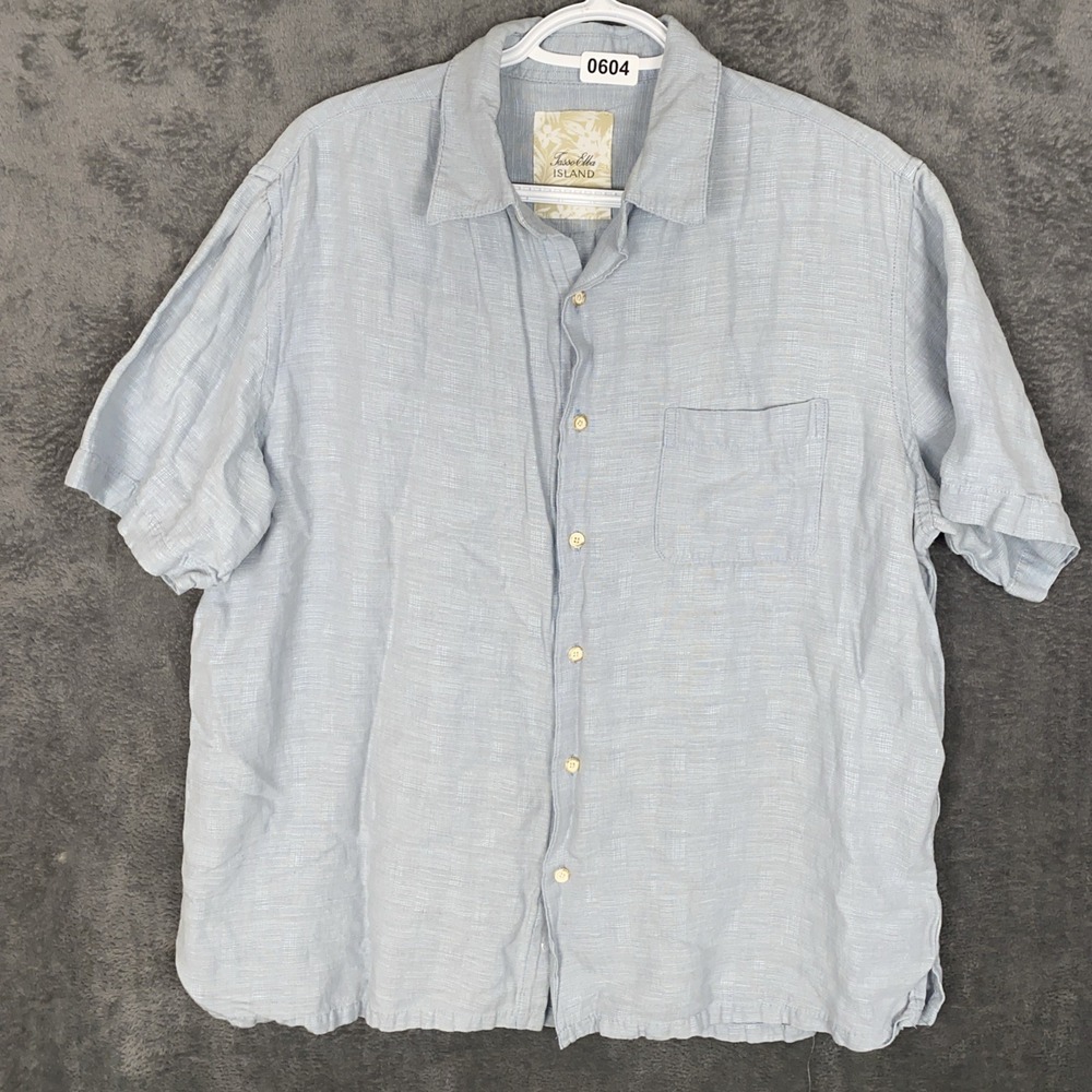 Tasso Elba Island Mens L Silk Linen Short Sleeve Button Down Shirt Light Blue